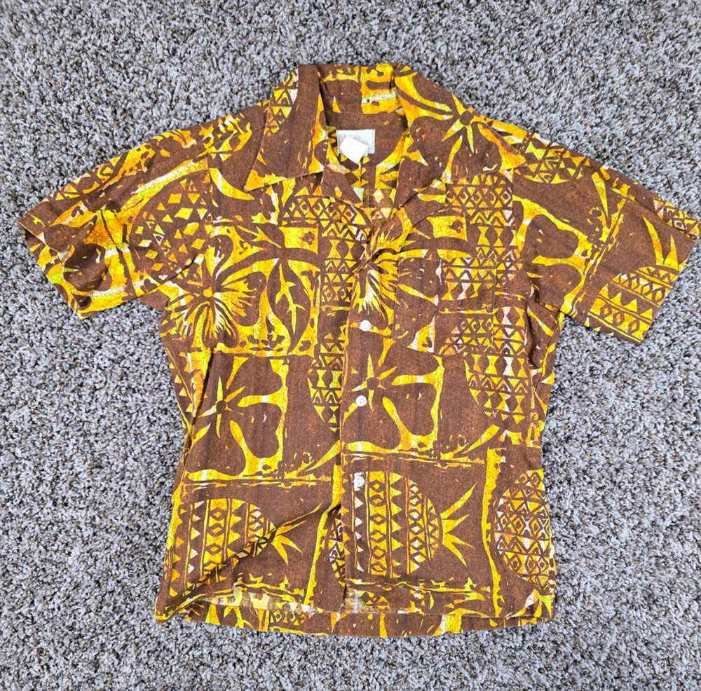 1960s Kala Kasuals Boys Sz M Barkcloth Hawaiian Shirt Gold Brown Floral Vintage